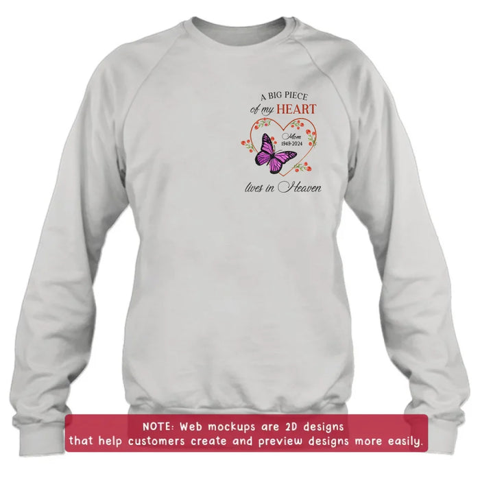 Custom Personalized Memorial Butterfly Embroidered T-Shirt/ Sweater/ Hoodie - Memorial Gift Idea For Family Member - A Big Piece Of My Heart Lives In Heaven