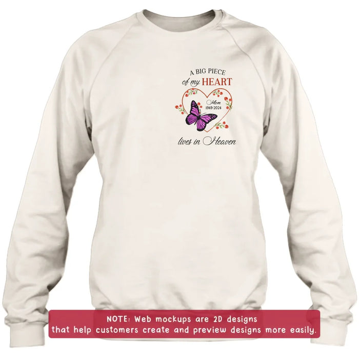 Custom Personalized Memorial Butterfly Embroidered T-Shirt/ Sweater/ Hoodie - Memorial Gift Idea For Family Member - A Big Piece Of My Heart Lives In Heaven