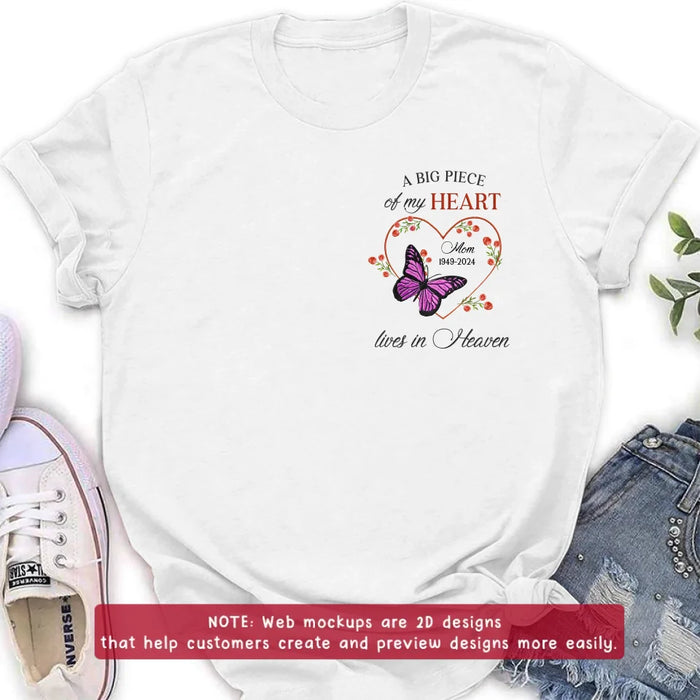 Custom Personalized Memorial Butterfly Embroidered T-Shirt/ Sweater/ Hoodie - Memorial Gift Idea For Family Member - A Big Piece Of My Heart Lives In Heaven