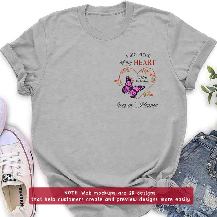 Custom Personalized Memorial Butterfly Embroidered T-Shirt/ Sweater/ Hoodie - Memorial Gift Idea For Family Member - A Big Piece Of My Heart Lives In Heaven