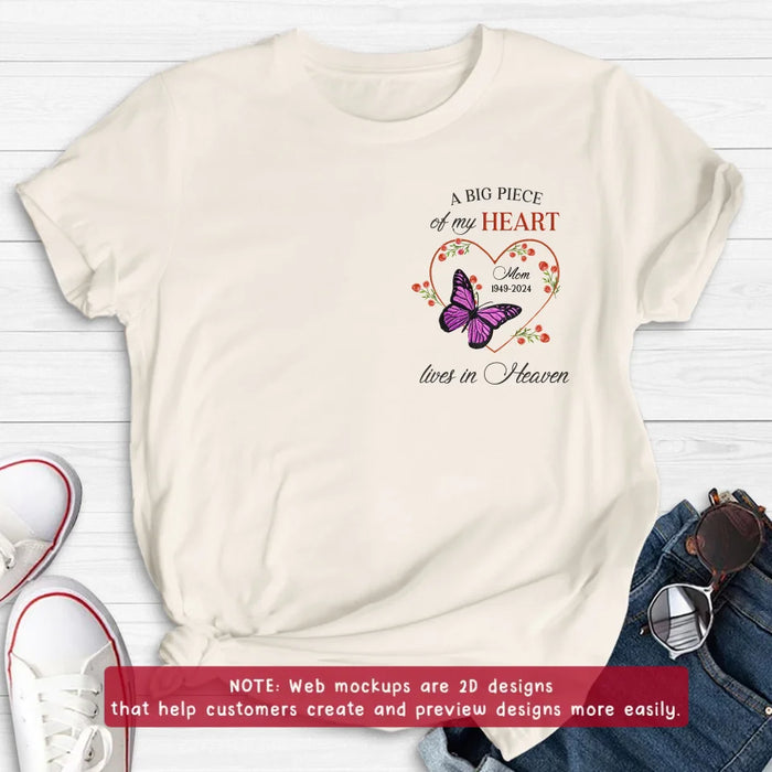 Custom Personalized Memorial Butterfly Embroidered T-Shirt/ Sweater/ Hoodie - Memorial Gift Idea For Family Member - A Big Piece Of My Heart Lives In Heaven