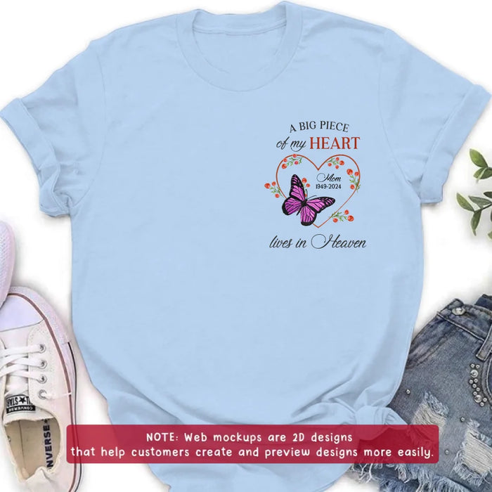 Custom Personalized Memorial Butterfly Embroidered T-Shirt/ Sweater/ Hoodie - Memorial Gift Idea For Family Member - A Big Piece Of My Heart Lives In Heaven