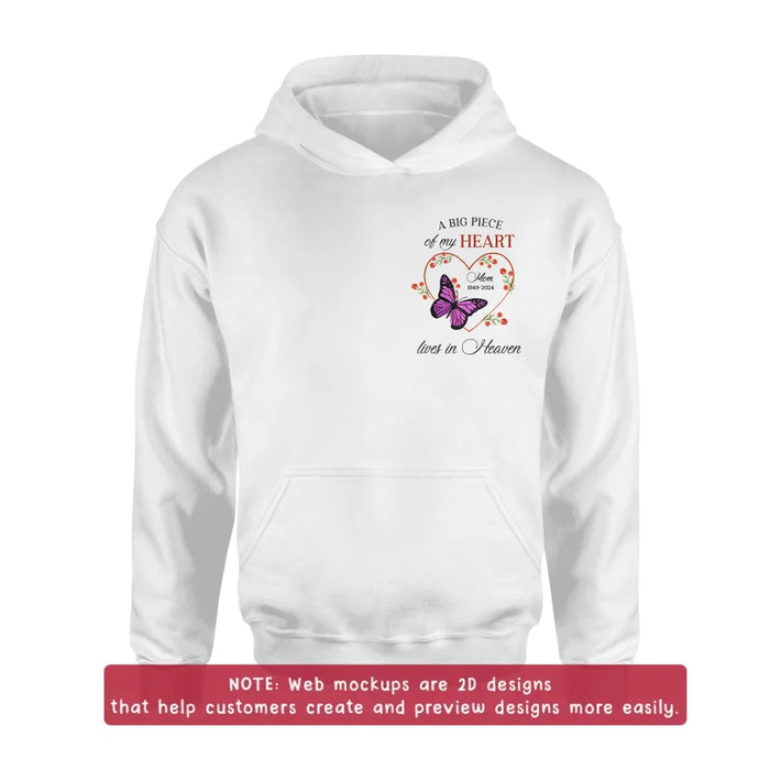 Custom Personalized Memorial Butterfly Embroidered T-Shirt/ Sweater/ Hoodie - Memorial Gift Idea For Family Member - A Big Piece Of My Heart Lives In Heaven