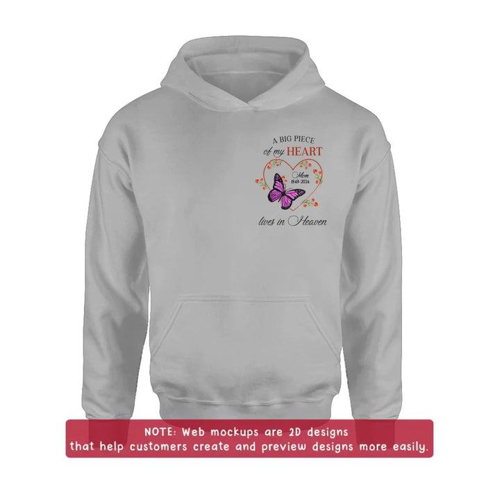 Custom Personalized Memorial Butterfly Embroidered T-Shirt/ Sweater/ Hoodie - Memorial Gift Idea For Family Member - A Big Piece Of My Heart Lives In Heaven