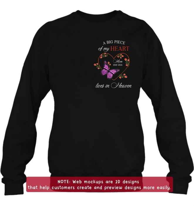 Custom Personalized Memorial Butterflies Embroidered T-Shirt/ Sweater/ Hoodie - Memorial Gift Idea For Family Member - A Big Piece Of My Heart Lives In Heaven