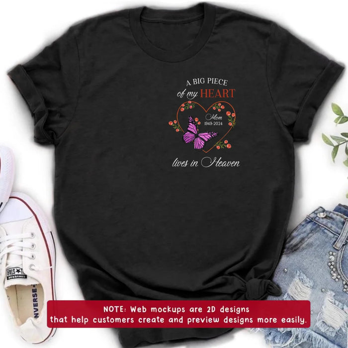 Custom Personalized Memorial Butterflies Embroidered T-Shirt/ Sweater/ Hoodie - Memorial Gift Idea For Family Member - A Big Piece Of My Heart Lives In Heaven