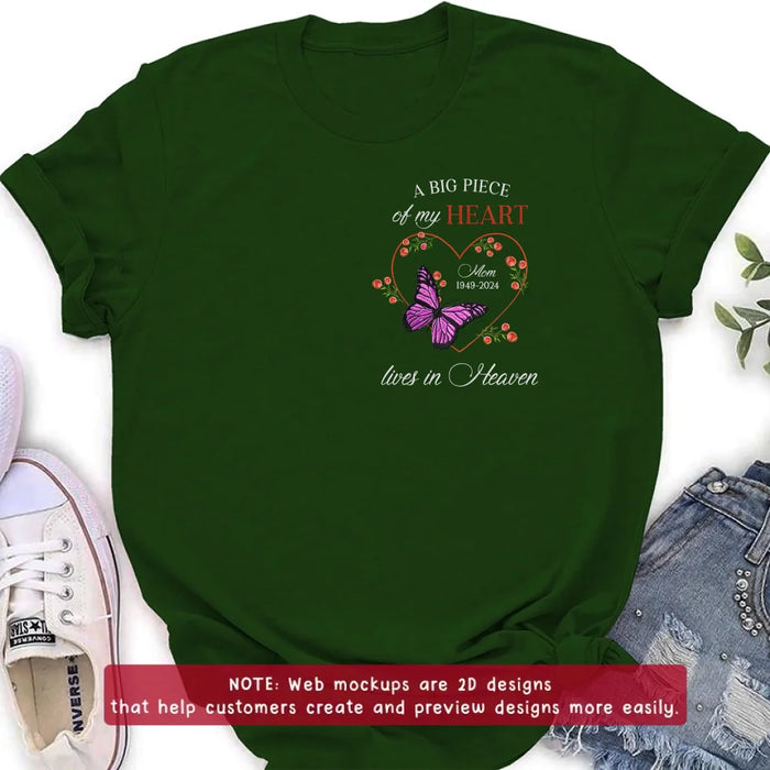 Custom Personalized Memorial Butterflies Embroidered T-Shirt/ Sweater/ Hoodie - Memorial Gift Idea For Family Member - A Big Piece Of My Heart Lives In Heaven