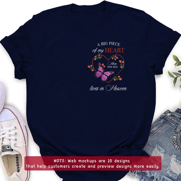 Custom Personalized Memorial Butterflies Embroidered T-Shirt/ Sweater/ Hoodie - Memorial Gift Idea For Family Member - A Big Piece Of My Heart Lives In Heaven