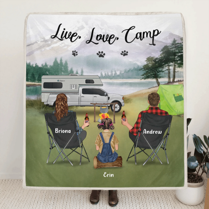 Personalized Camping Fleece Blanket - Parents Up to 3 Kids & 3 Dogs - Gift Idea For The Whole Family - Live, Love, Camp - 341148