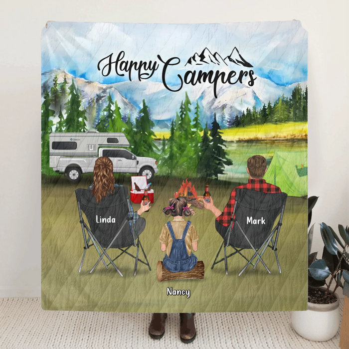 Personalized Camping Quilt - Family Up to 3 Kids and 3 Dogs - Gift For Family - Happy Campers - OFAWC7