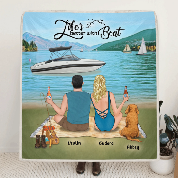 Personalized Boating Quilt/Fleece Blanket - Parents Up to 3 Kids  And 3 Pets - Best Gift For Family - Life's Better With Boat - 33LE0B