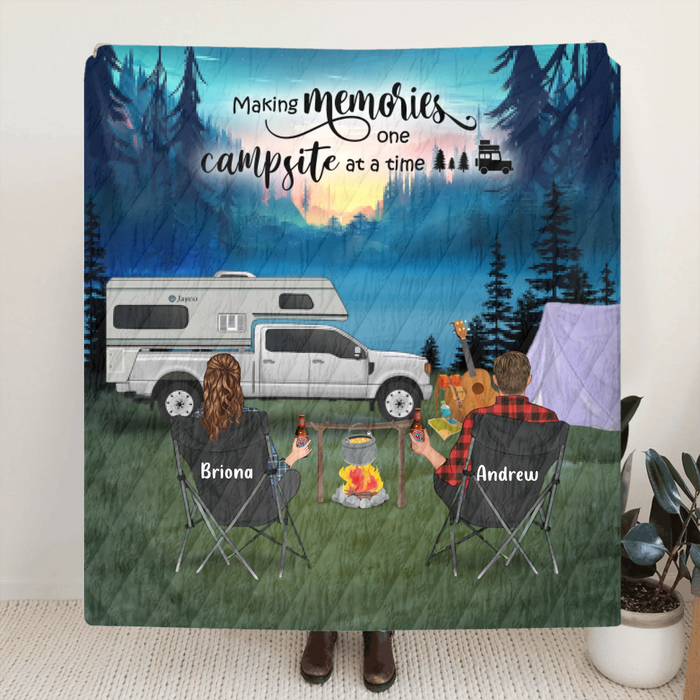 Personalized Camping Blanket, Gift For Couple and Family up to 3 Kids and 3 Dogs - Making Memories One Campsite At A Time - 341148