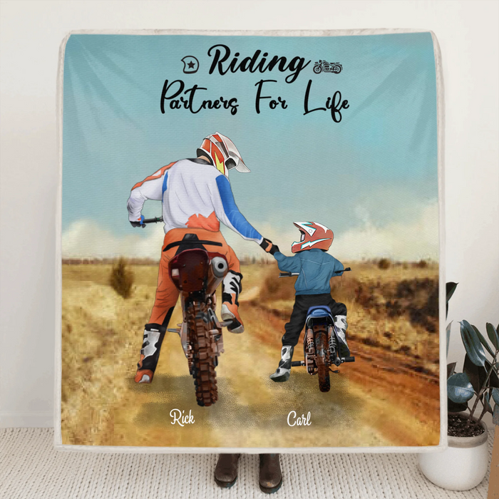 Personalized Riding Quilt/Fleece Blanket- Father and 1 Son, Up to 2 Sons - Best Gift for Bikers - Riding Partners For Life - IAKT4L