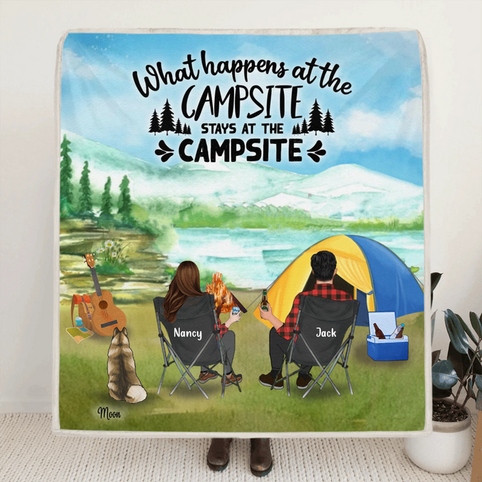 Personalized Camping Tent Quilt/Fleece Blanket - Best Gift Idea For Man/Woman/Couple - Man/Woman/Couple With Up to 3 Pets - What Happens At The Campsite Stays At The Campsite