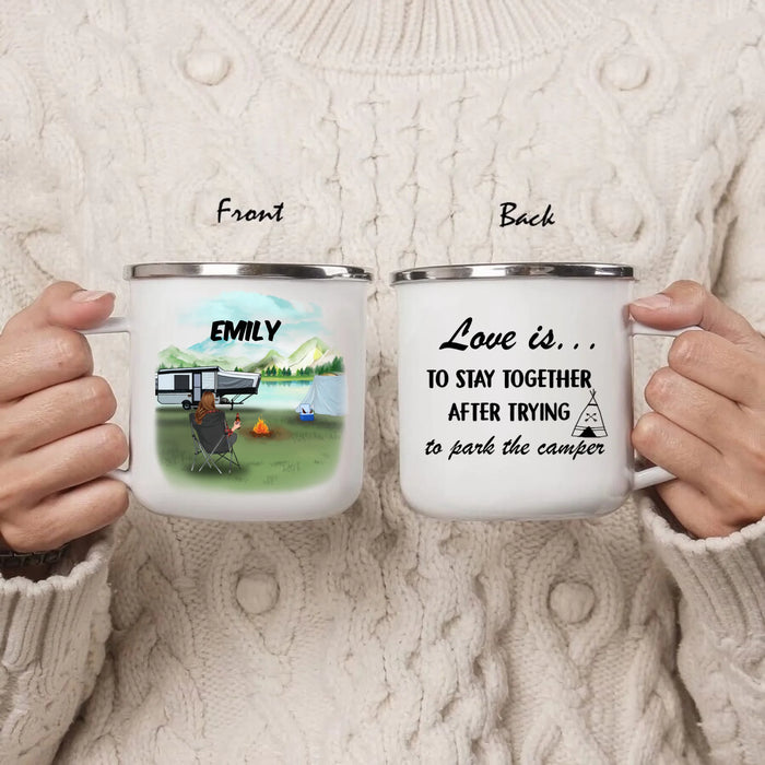 Personalized Camping Enamel Mug - Man/Woman/Couple/Parents With Up to 4 Kids And 5 Pets - Gift For Camping Lover - Love Is To Stay Together After Trying To Park The Camper