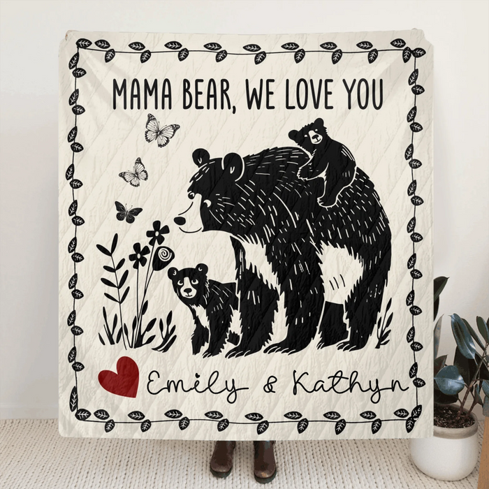 Personalized Mama Bear Fleece Throw Blanket & Quilt - Up to 7 Kids - Mother's Day Gift Idea For Grandma/Mom