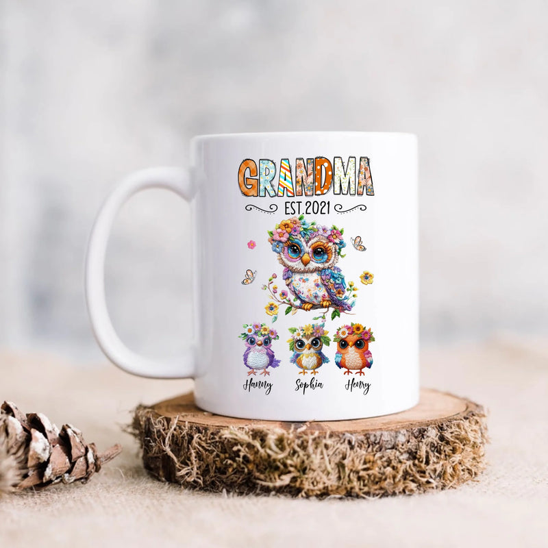 Personalized Owl Grandma Embroidered Effect Design Coffee Mug - Up to 6 Kids - Mother's Day Gift Idea for Grandma/ Mom