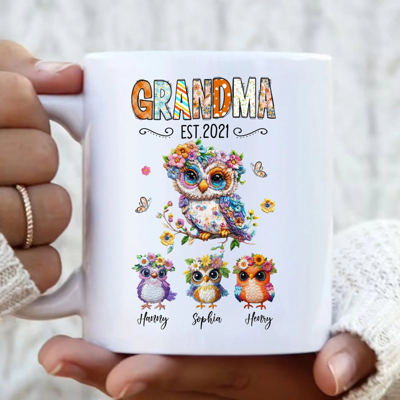 Personalized Owl Grandma Embroidered Effect Design Coffee Mug - Up to 6 Kids - Mother's Day Gift Idea for Grandma/ Mom