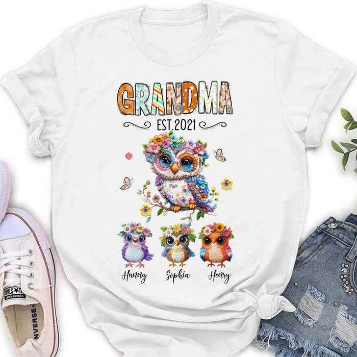 Personalized Owl Grandma Embroidered Effect Design Shirt/Hoodie - Up to 6 Kids - Mother's Day Gift Idea for Grandma/Mom