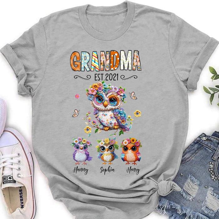 Personalized Owl Grandma Embroidered Effect Design Shirt/Hoodie - Up to 6 Kids - Mother's Day Gift Idea for Grandma/Mom