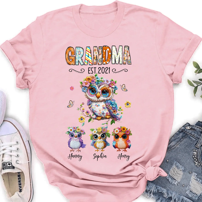 Personalized Owl Grandma Embroidered Effect Design Shirt/Hoodie - Up to 6 Kids - Mother's Day Gift Idea for Grandma/Mom