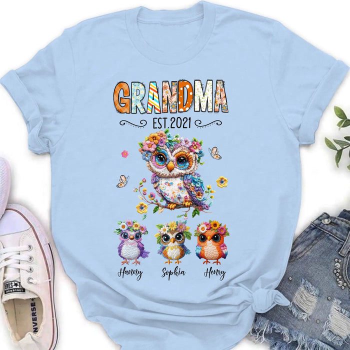 Personalized Owl Grandma Embroidered Effect Design Shirt/Hoodie - Up to 6 Kids - Mother's Day Gift Idea for Grandma/Mom