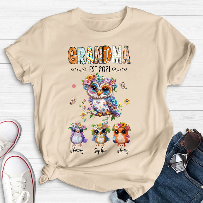 Personalized Owl Grandma Embroidered Effect Design Shirt/Hoodie - Up to 6 Kids - Mother's Day Gift Idea for Grandma/Mom
