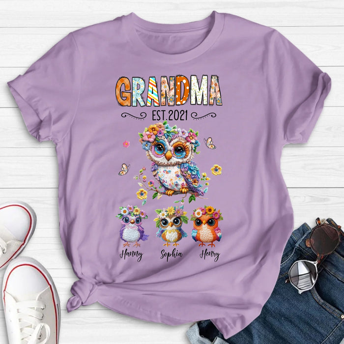 Personalized Owl Grandma Embroidered Effect Design Shirt/Hoodie - Up to 6 Kids - Mother's Day Gift Idea for Grandma/Mom