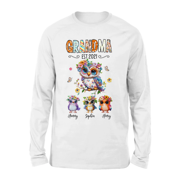 Personalized Owl Grandma Embroidered Effect Design Shirt/Hoodie - Up to 6 Kids - Mother's Day Gift Idea for Grandma/Mom