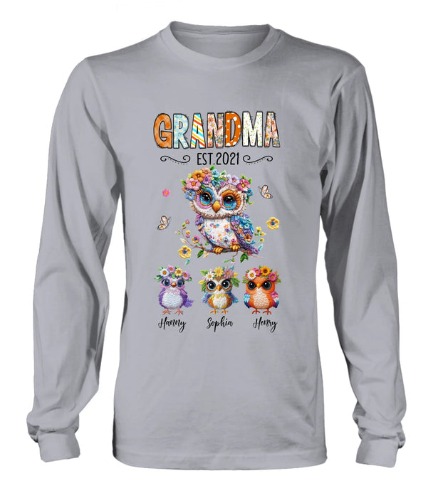Personalized Owl Grandma Embroidered Effect Design Shirt/Hoodie - Up to 6 Kids - Mother's Day Gift Idea for Grandma/Mom