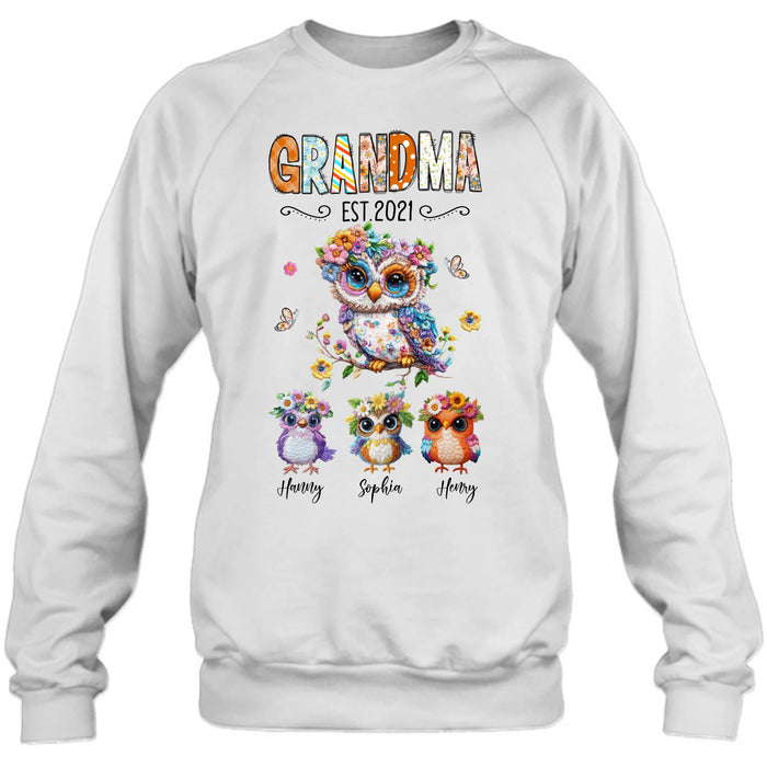Personalized Owl Grandma Embroidered Effect Design Shirt/Hoodie - Up to 6 Kids - Mother's Day Gift Idea for Grandma/Mom