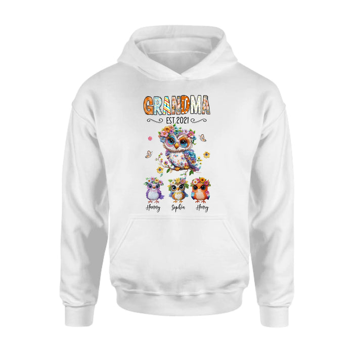 Personalized Owl Grandma Embroidered Effect Design Shirt/Hoodie - Up to 6 Kids - Mother's Day Gift Idea for Grandma/Mom
