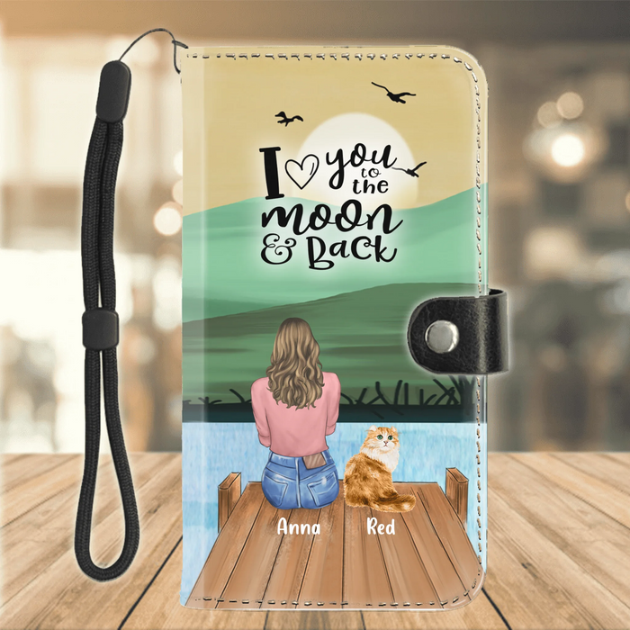 Personalized Pet Mom Flip Leather Purse For Mobile Phone - Up to 4 Pets - Gift For Dog/Cat Lovers - I Love You To The Moon & Back