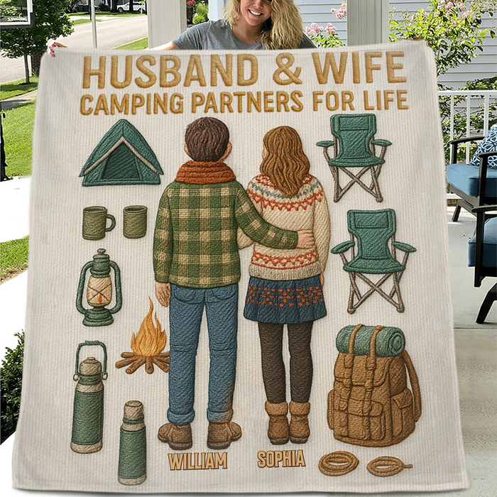 Personalized Toy Box Camping Couple Quilt/Fleece Throw Blanket - Gift Idea For Couple/Camping Lover - Husband And Wife Camping Partners For Life