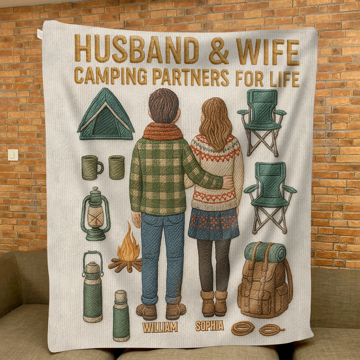 Personalized Toy Box Camping Couple Quilt/Fleece Throw Blanket - Gift Idea For Couple/Camping Lover - Husband And Wife Camping Partners For Life