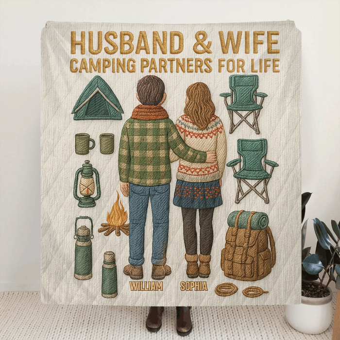 Personalized Toy Box Camping Couple Quilt/Fleece Throw Blanket - Gift Idea For Couple/Camping Lover - Husband And Wife Camping Partners For Life