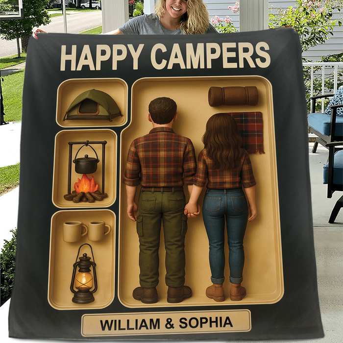 Personalized Camping Couple Toy Box Quilt/Fleece Throw Blanket - Gift Idea For Couple/Camping Lover - Happy Campers
