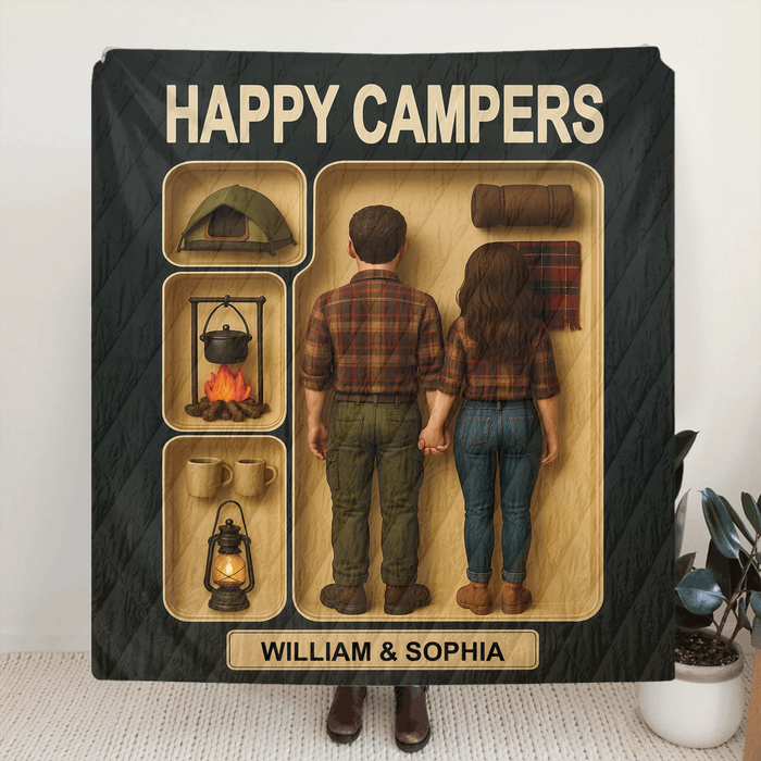 Personalized Camping Couple Toy Box Quilt/Fleece Throw Blanket - Gift Idea For Couple/Camping Lover - Happy Campers