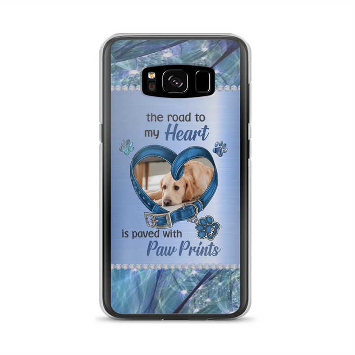 Custom Personalized Memorial Dog Collar Phone Case - Upload Photo - Memorial Gift Idea For Dog Owner - The Road To My Heart Is Paved With Paw Prints - Case for iPhone/ Samsung