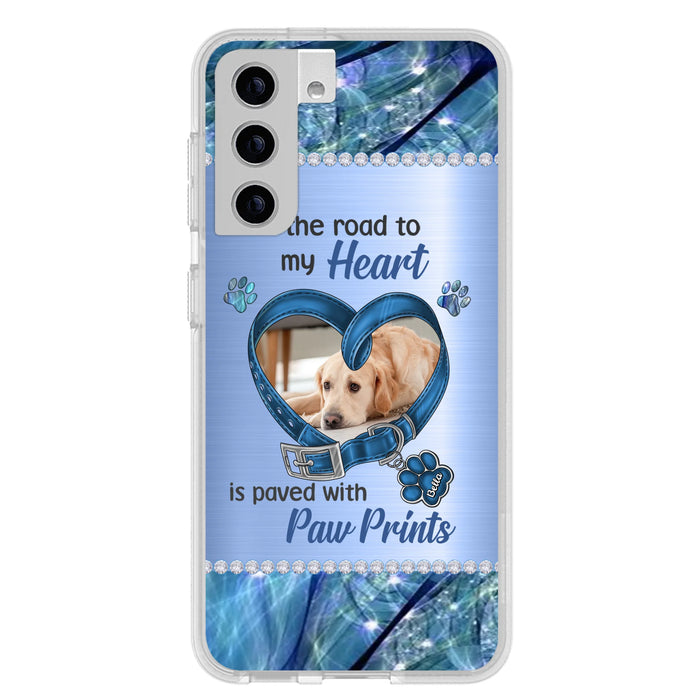Custom Personalized Memorial Dog Collar Phone Case - Upload Photo - Memorial Gift Idea For Dog Owner - The Road To My Heart Is Paved With Paw Prints - Case for iPhone/ Samsung