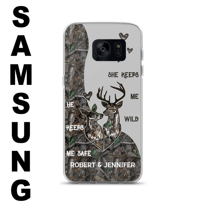 Custom Personalized Deer Couple Phone Case - Gift Idea For Couple - He Keeps Me Safe She Keeps Me Wild - Case For iPhone/Samsung