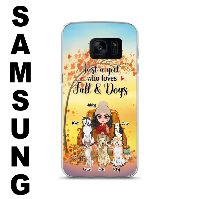 Personalized Dog Mom Fall Season Phone Case - Autumn Gift Idea For Dog Owners - Up to 5 Dogs - Case For iPhone/Samsung - Just A Girl Who Loves Fall & Dogs