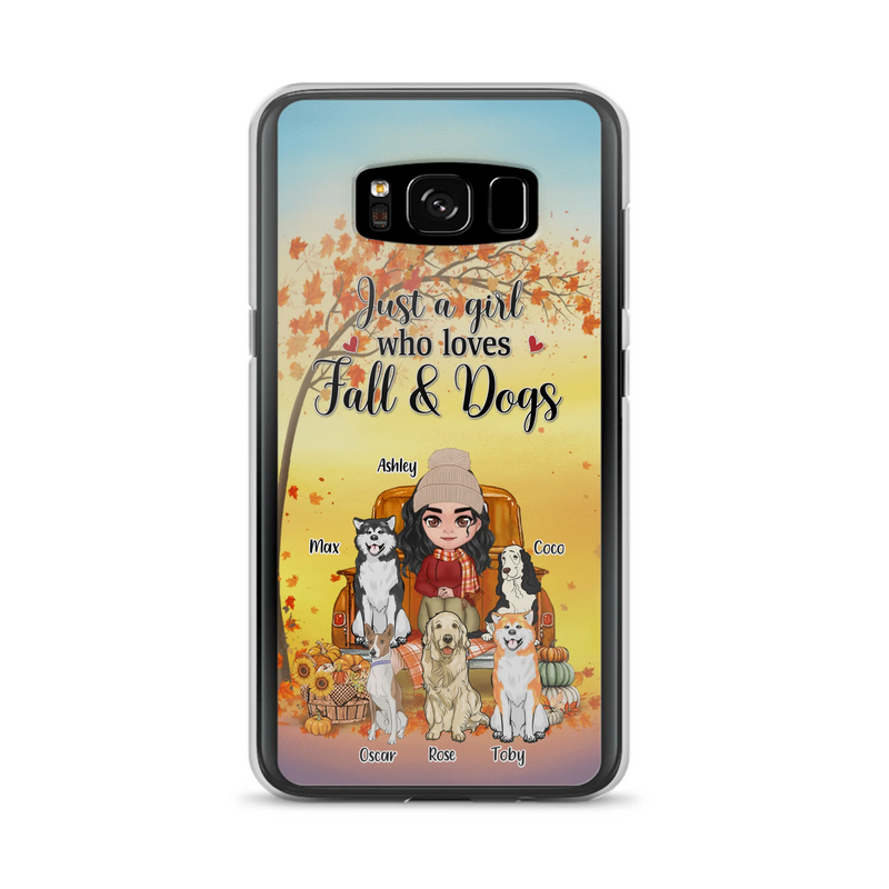 Personalized Dog Mom Fall Season Phone Case - Autumn Gift Idea For Dog Owners - Up to 5 Dogs - Case For iPhone/Samsung - Just A Girl Who Loves Fall & Dogs