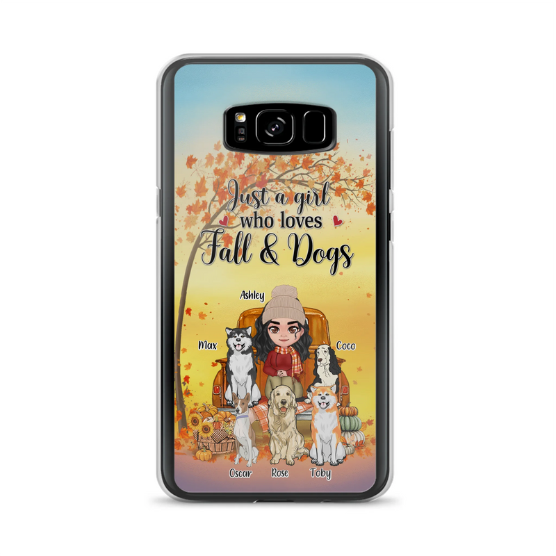 Personalized Dog Mom Fall Season Phone Case - Autumn Gift Idea For Dog Owners - Up to 5 Dogs - Case For iPhone/Samsung - Just A Girl Who Loves Fall & Dogs
