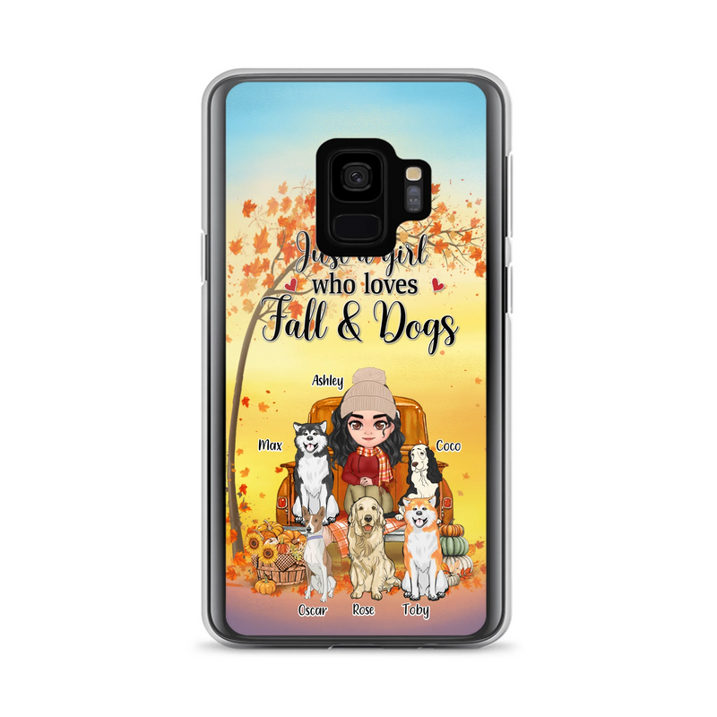 Personalized Dog Mom Fall Season Phone Case - Autumn Gift Idea For Dog Owners - Up to 5 Dogs - Case For iPhone/Samsung - Just A Girl Who Loves Fall & Dogs