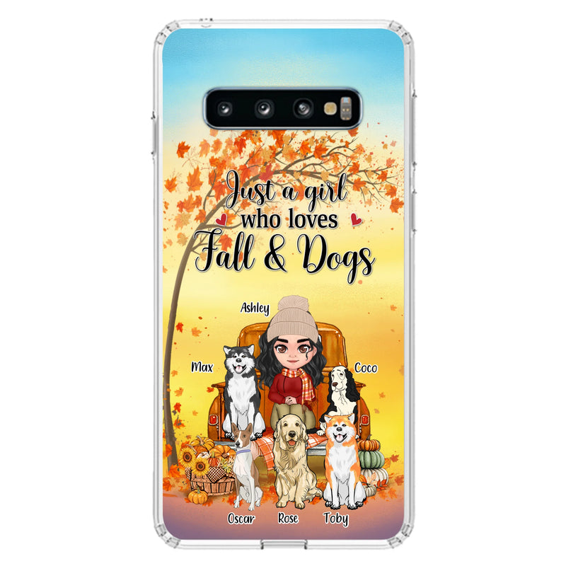 Personalized Dog Mom Fall Season Phone Case - Autumn Gift Idea For Dog Owners - Up to 5 Dogs - Case For iPhone/Samsung - Just A Girl Who Loves Fall & Dogs