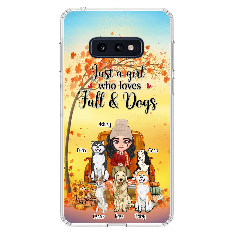 Personalized Dog Mom Fall Season Phone Case - Autumn Gift Idea For Dog Owners - Up to 5 Dogs - Case For iPhone/Samsung - Just A Girl Who Loves Fall & Dogs