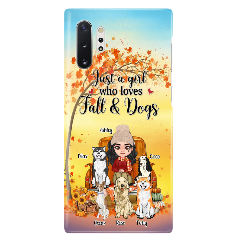 Personalized Dog Mom Fall Season Phone Case - Autumn Gift Idea For Dog Owners - Up to 5 Dogs - Case For iPhone/Samsung - Just A Girl Who Loves Fall & Dogs