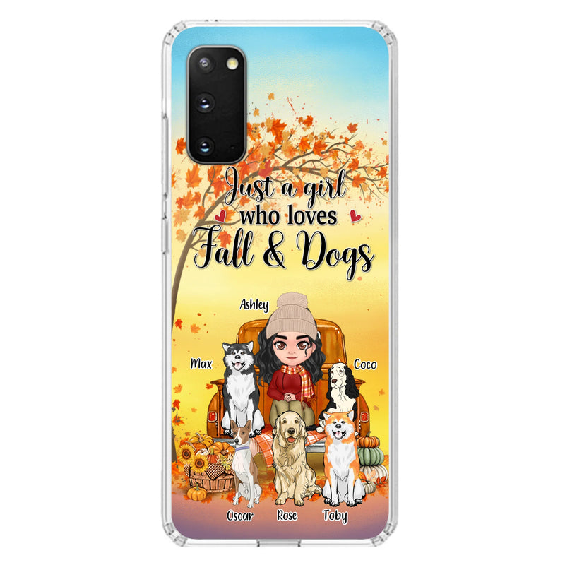 Personalized Dog Mom Fall Season Phone Case - Autumn Gift Idea For Dog Owners - Up to 5 Dogs - Case For iPhone/Samsung - Just A Girl Who Loves Fall & Dogs