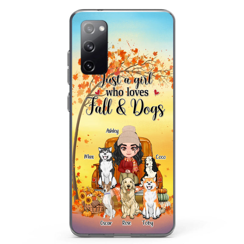 Personalized Dog Mom Fall Season Phone Case - Autumn Gift Idea For Dog Owners - Up to 5 Dogs - Case For iPhone/Samsung - Just A Girl Who Loves Fall & Dogs